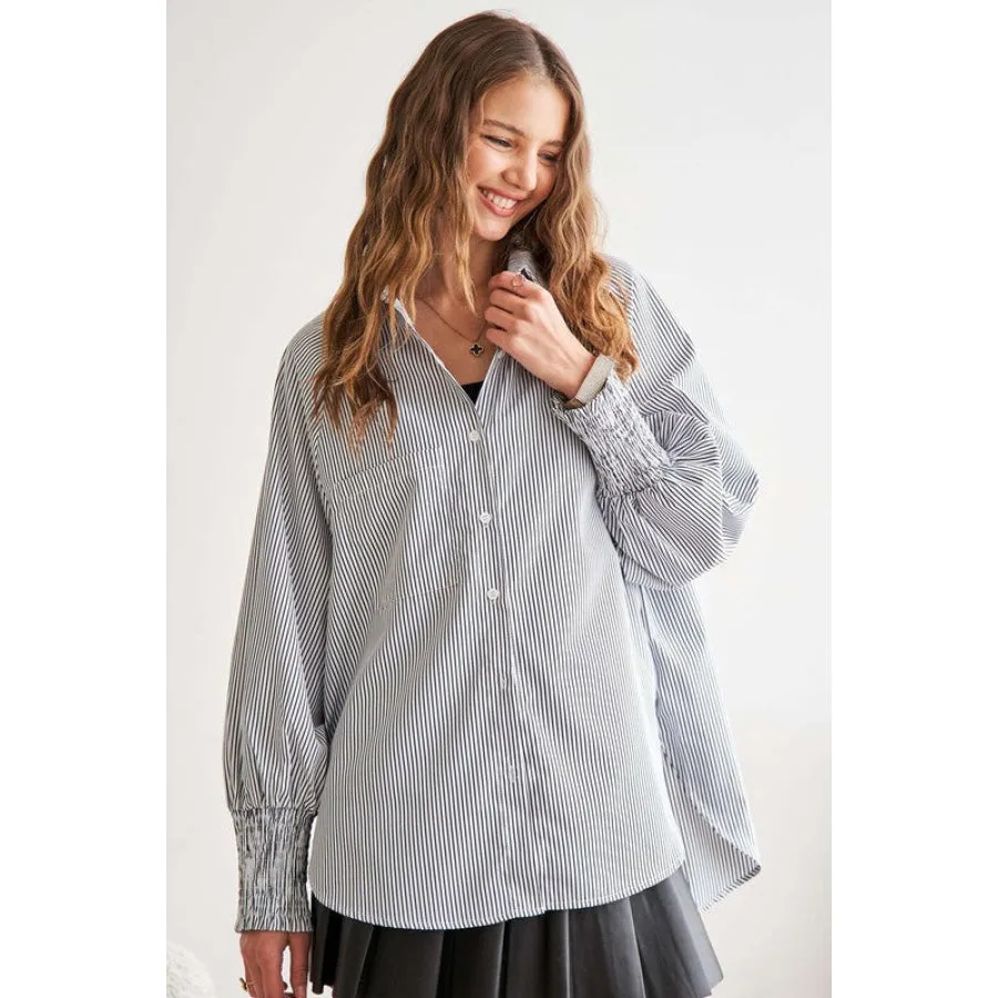 ADORA High-Low Striped Button Down Smocked Lantern Sleeve Shirt