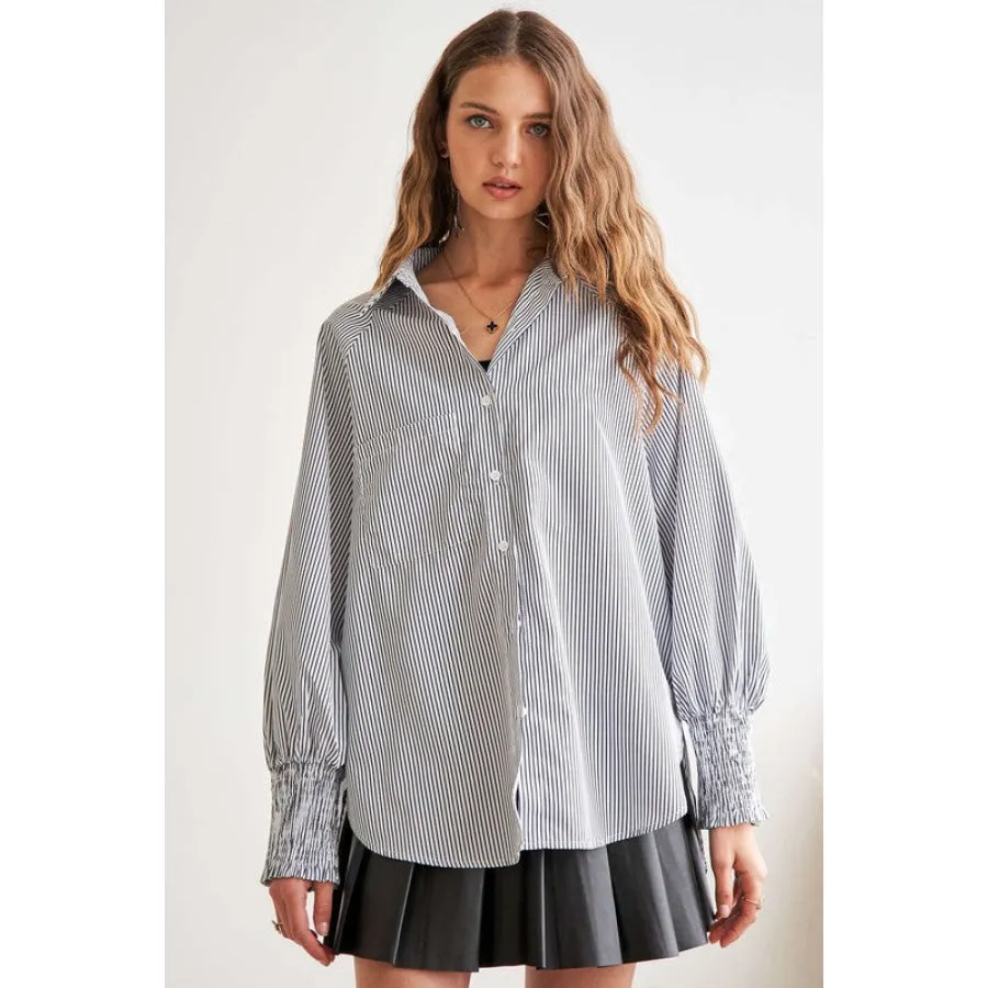 ADORA High-Low Striped Button Down Smocked Lantern Sleeve Shirt