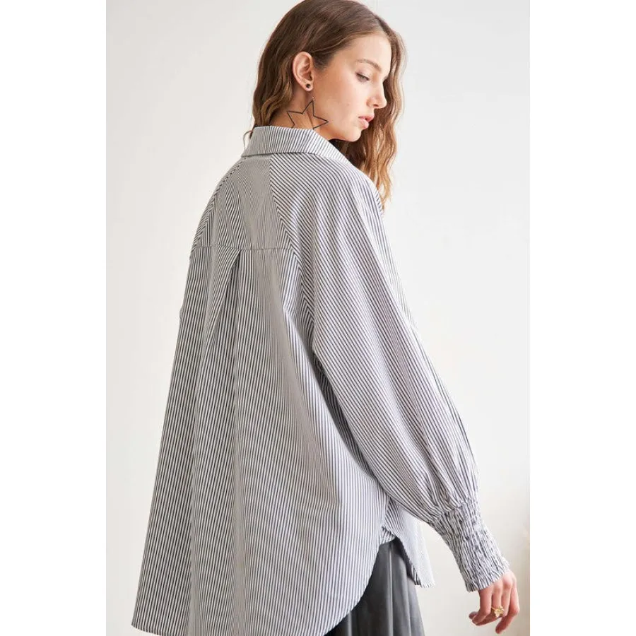 ADORA High-Low Striped Button Down Smocked Lantern Sleeve Shirt
