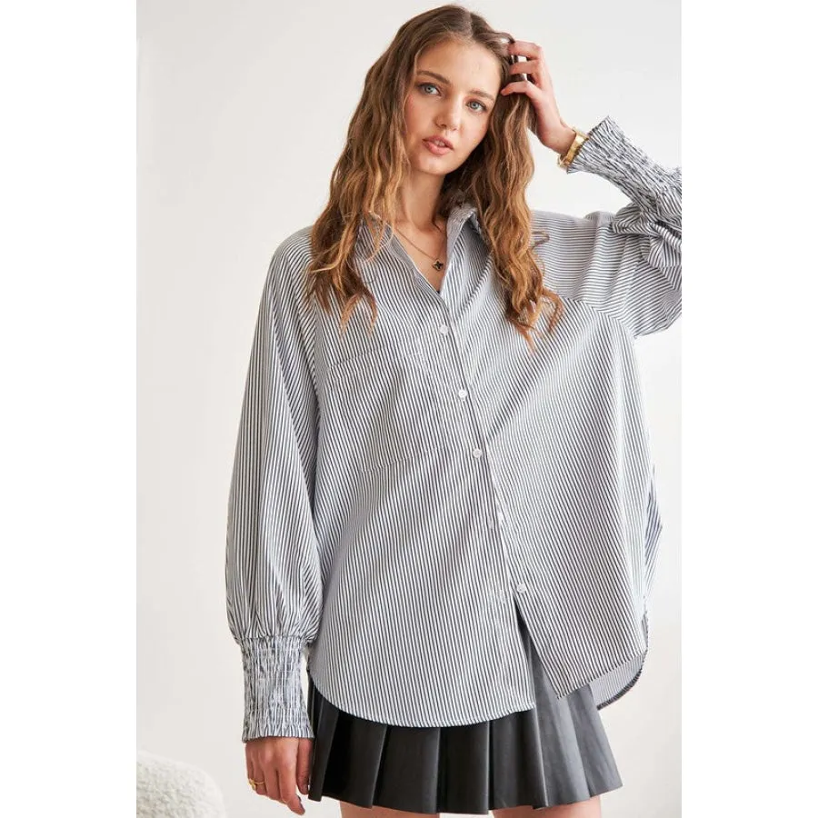 ADORA High-Low Striped Button Down Smocked Lantern Sleeve Shirt