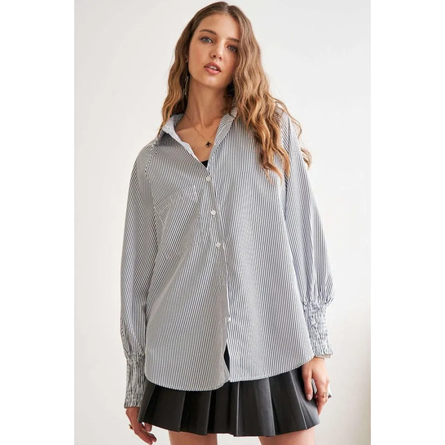 ADORA High-Low Striped Button Down Smocked Lantern Sleeve Shirt