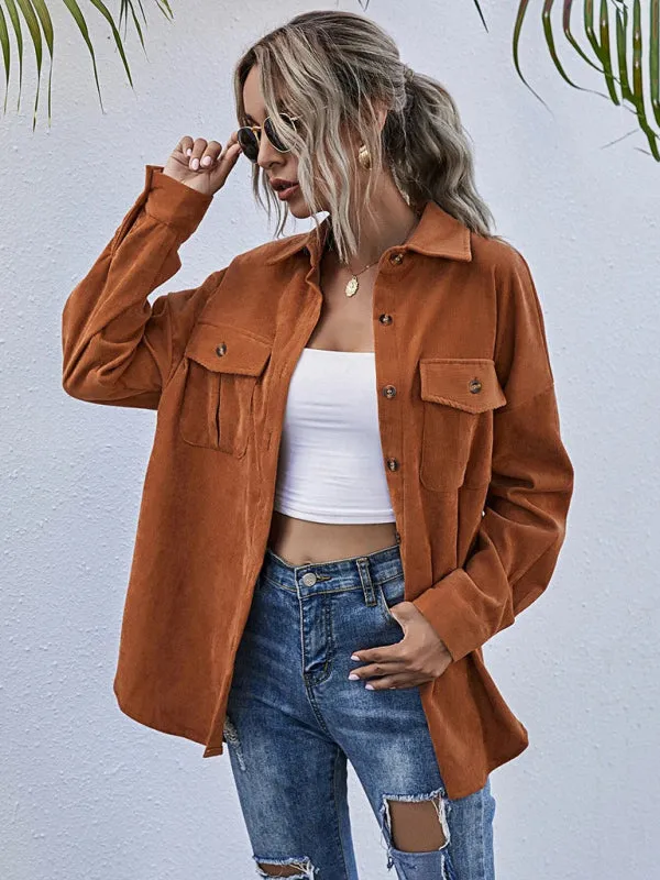 Blue Zone Planet |  Corduroy Shirt Lapel Long Sleeve Loose Jacket