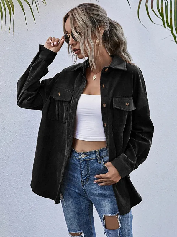 Blue Zone Planet |  Corduroy Shirt Lapel Long Sleeve Loose Jacket