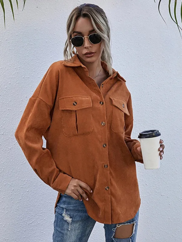 Blue Zone Planet |  Corduroy Shirt Lapel Long Sleeve Loose Jacket