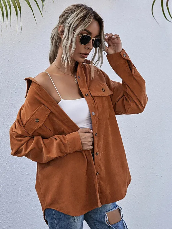 Blue Zone Planet |  Corduroy Shirt Lapel Long Sleeve Loose Jacket