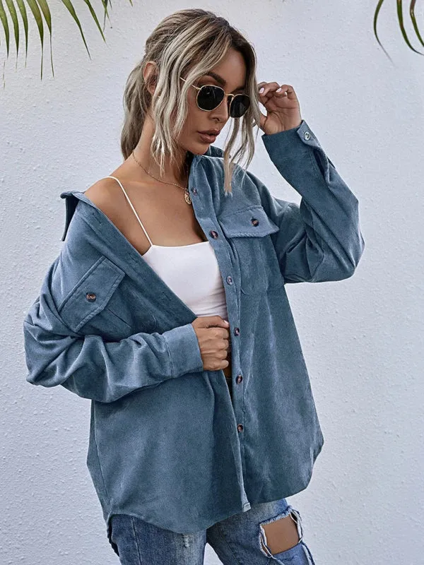 Blue Zone Planet |  Corduroy Shirt Lapel Long Sleeve Loose Jacket