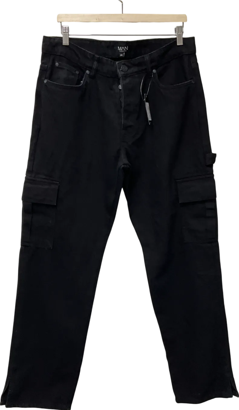 boohooMan Black Relaxed Rigid Carpenter Split Hem Jeans W34