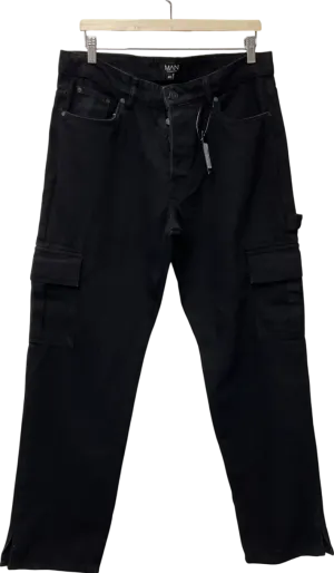 boohooMan Black Relaxed Rigid Carpenter Split Hem Jeans W34