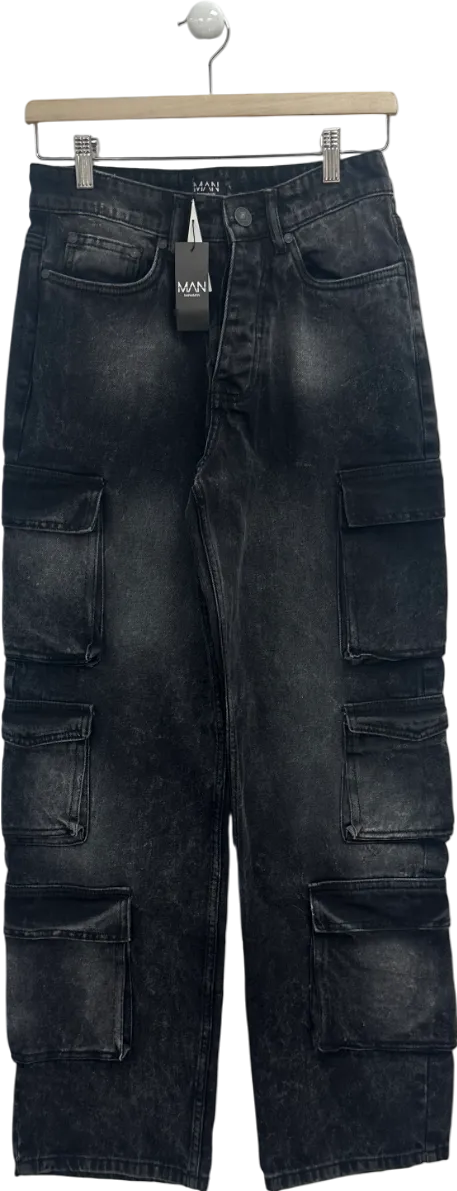 boohooMan Grey Baggy Rigid Multi Pocket Cargo Bleached Jeans W28