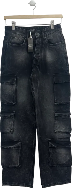 boohooMan Grey Baggy Rigid Multi Pocket Cargo Bleached Jeans W28