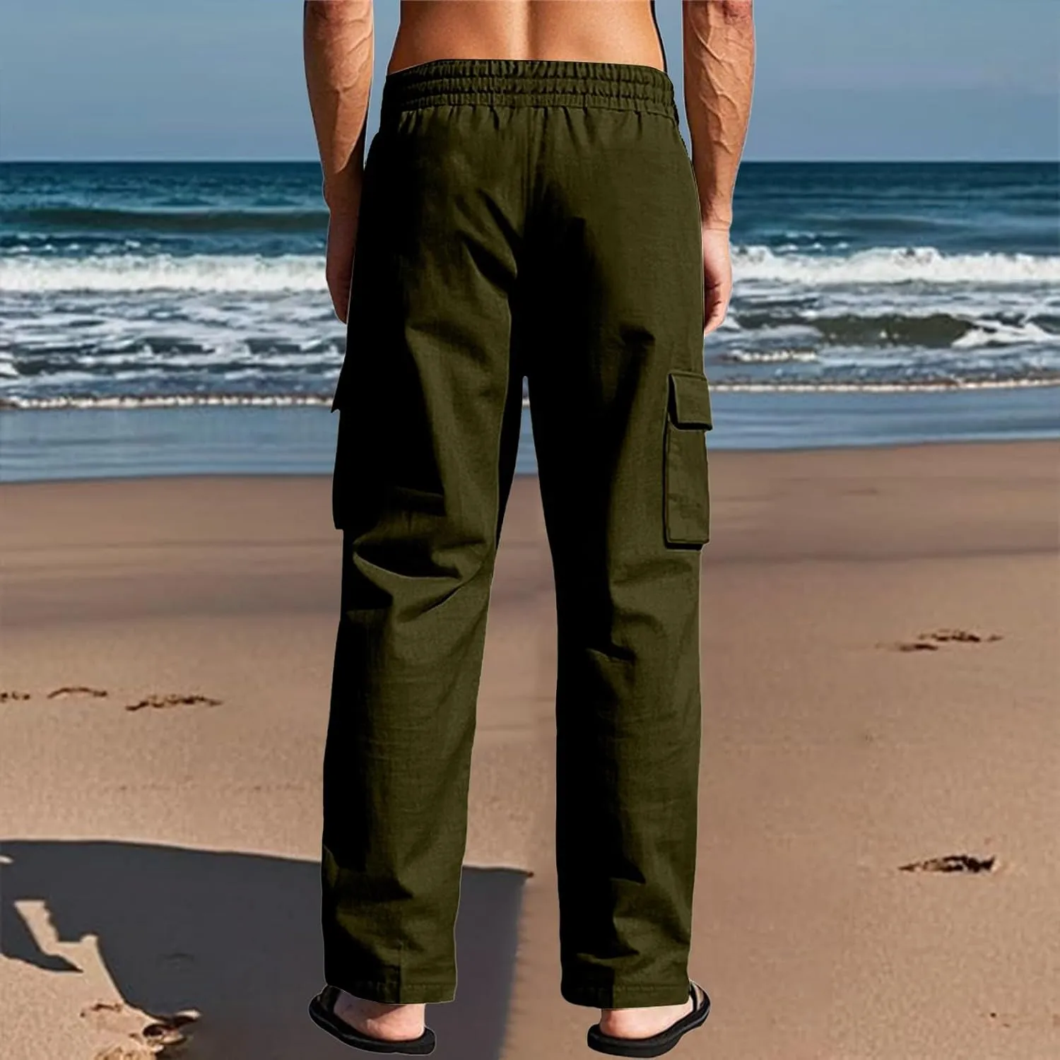 Cargo Linen Pants Men Drawstring Elastic Waist Baggy Summer Pants Lightweight Beach Yoga Lounge Pant with Pockets