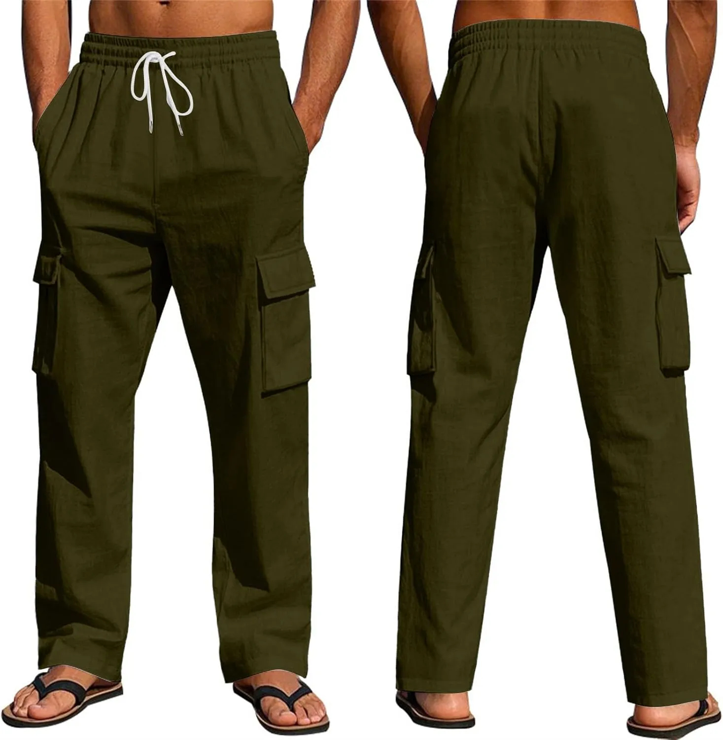 Cargo Linen Pants Men Drawstring Elastic Waist Baggy Summer Pants Lightweight Beach Yoga Lounge Pant with Pockets