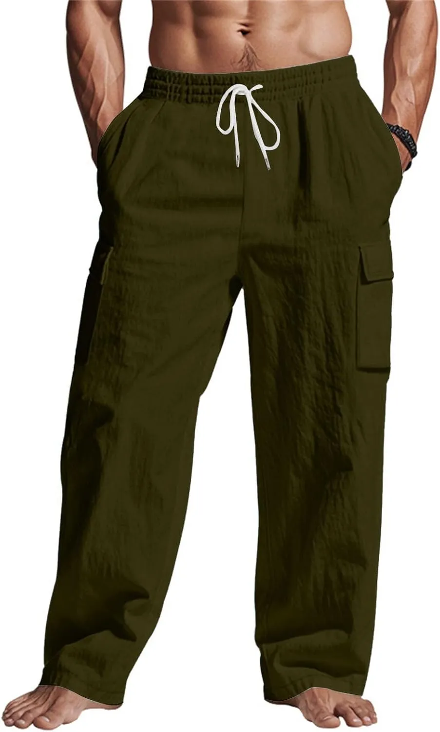 Cargo Linen Pants Men Drawstring Elastic Waist Baggy Summer Pants Lightweight Beach Yoga Lounge Pant with Pockets