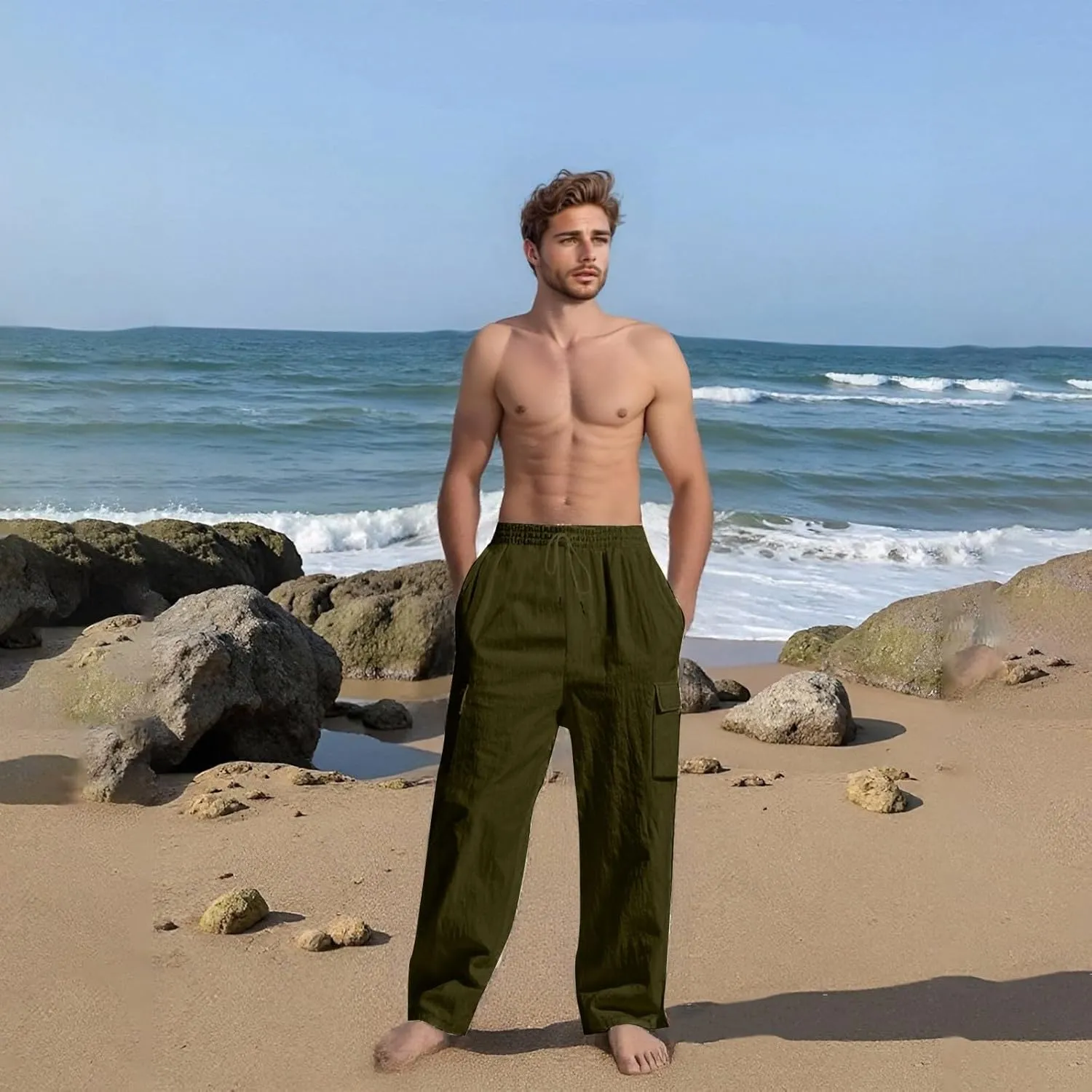 Cargo Linen Pants Men Drawstring Elastic Waist Baggy Summer Pants Lightweight Beach Yoga Lounge Pant with Pockets