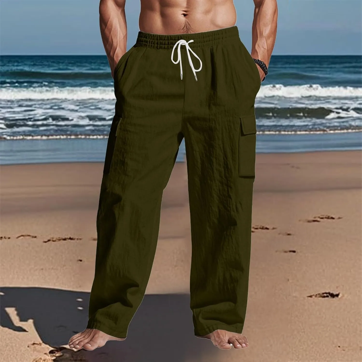 Cargo Linen Pants Men Drawstring Elastic Waist Baggy Summer Pants Lightweight Beach Yoga Lounge Pant with Pockets