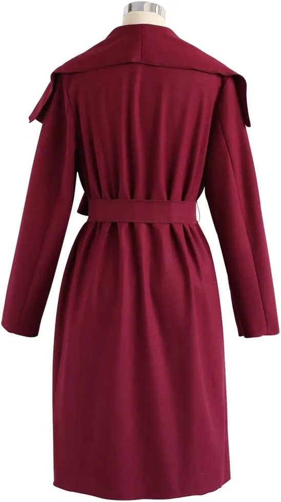 CHICWISH Women's Wide Lapel Open Front Long Sleeve Sand/Wine/Black/Grey Wool Blend Trench Coat