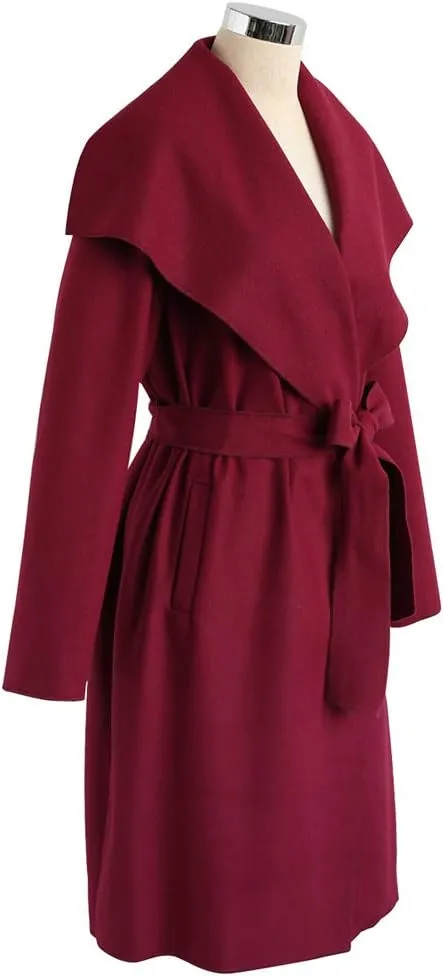 CHICWISH Women's Wide Lapel Open Front Long Sleeve Sand/Wine/Black/Grey Wool Blend Trench Coat