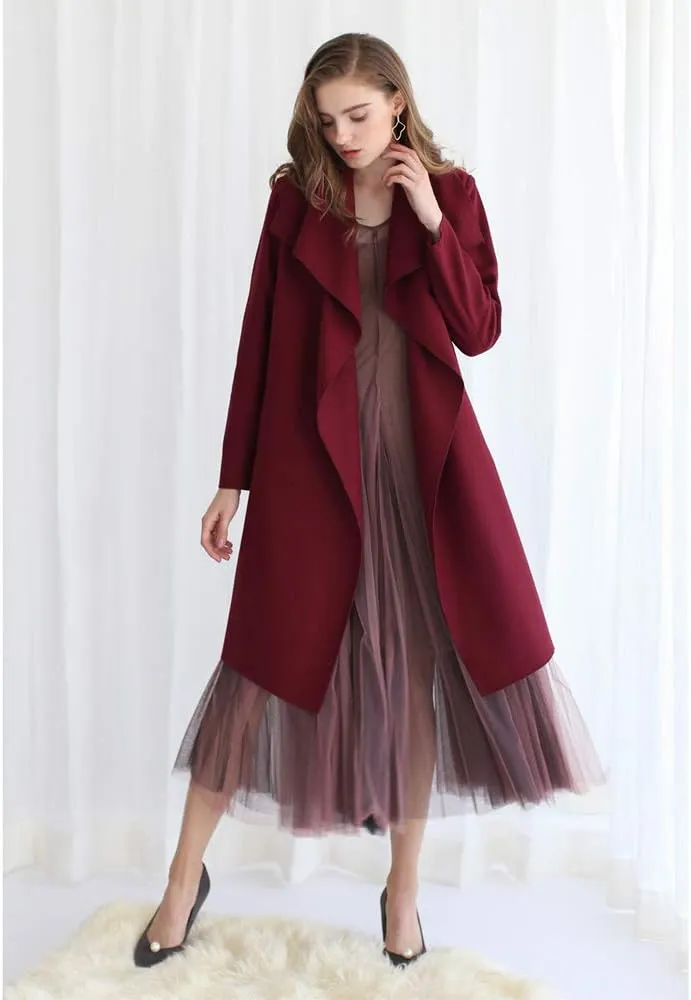 CHICWISH Women's Wide Lapel Open Front Long Sleeve Sand/Wine/Black/Grey Wool Blend Trench Coat