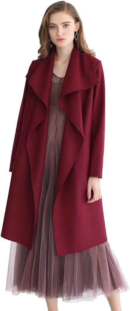 CHICWISH Women's Wide Lapel Open Front Long Sleeve Sand/Wine/Black/Grey Wool Blend Trench Coat