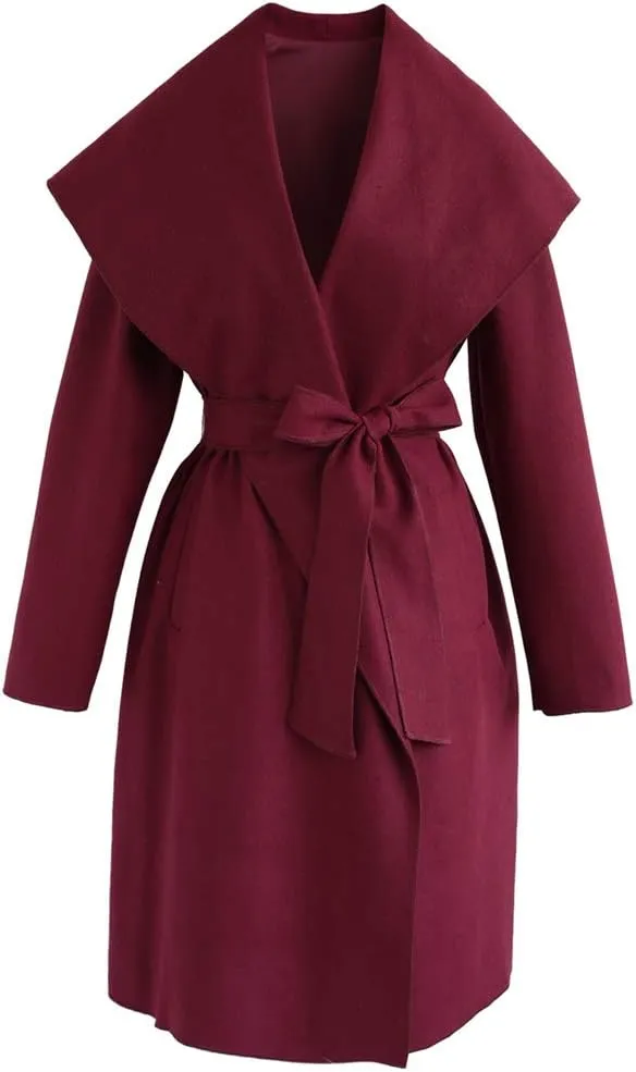 CHICWISH Women's Wide Lapel Open Front Long Sleeve Sand/Wine/Black/Grey Wool Blend Trench Coat
