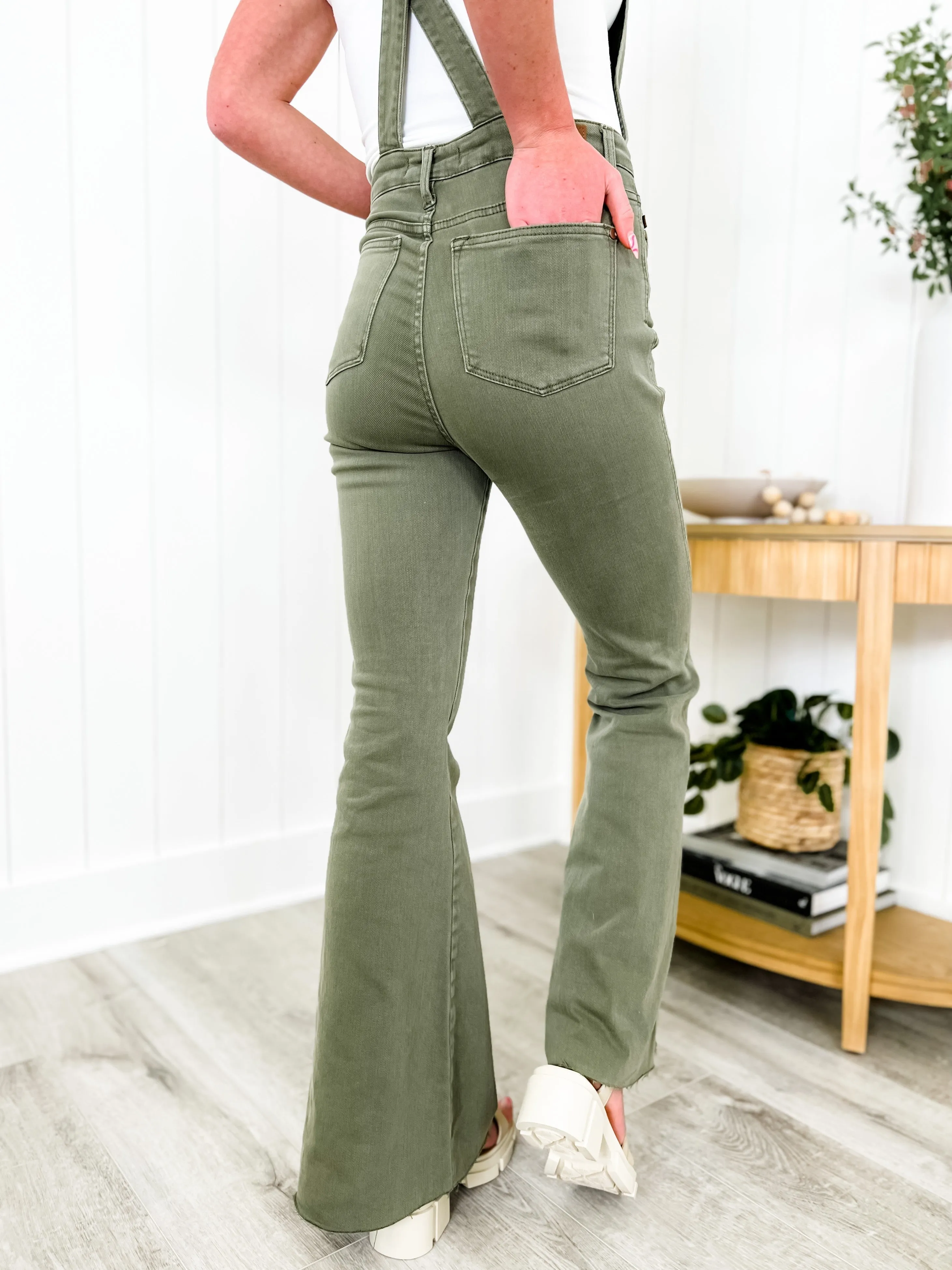 Judy Blue Olive You  Olive High Rise Control Top Tummy Control Flare Overalls