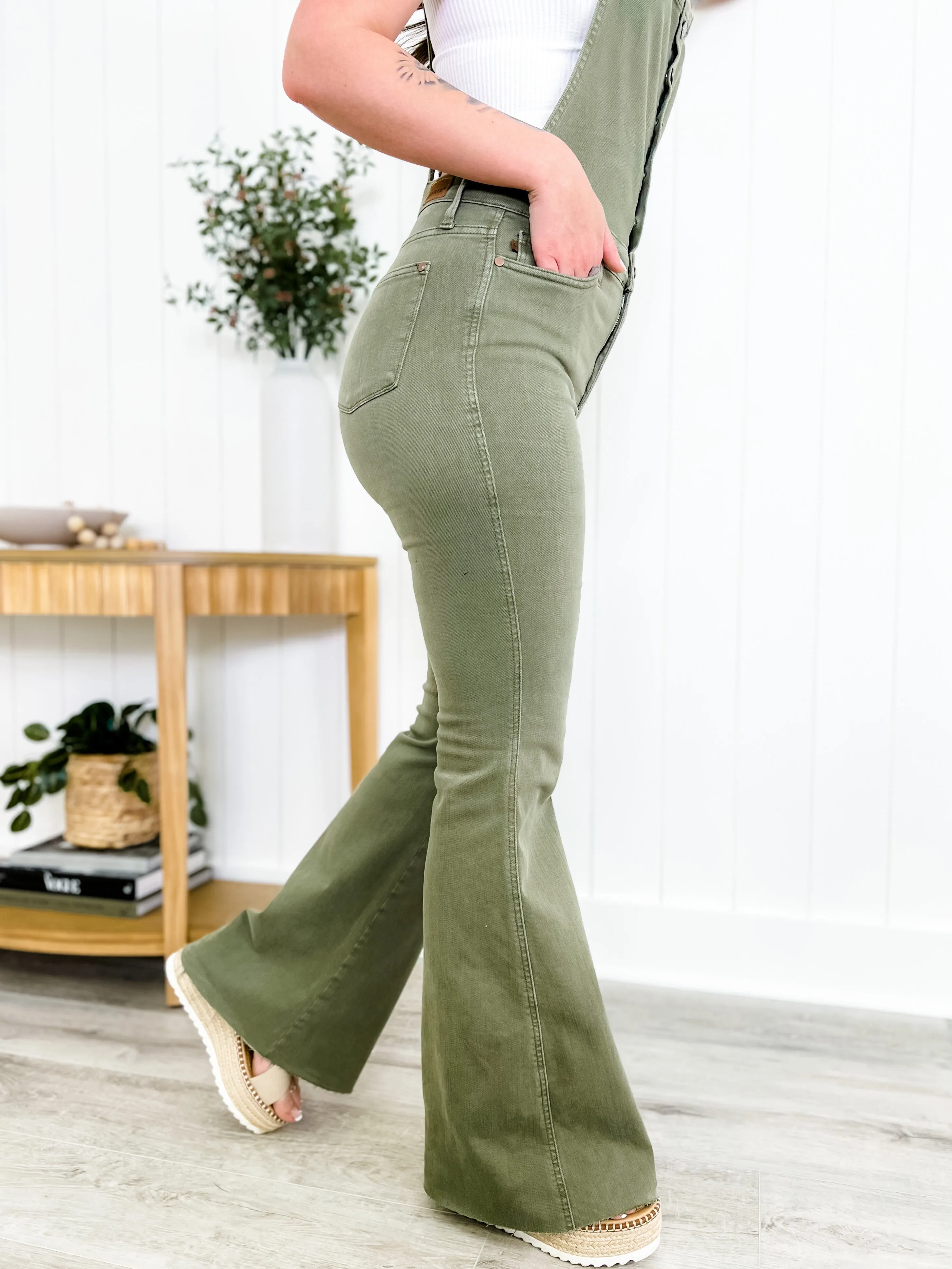 Judy Blue Olive You  Olive High Rise Control Top Tummy Control Flare Overalls