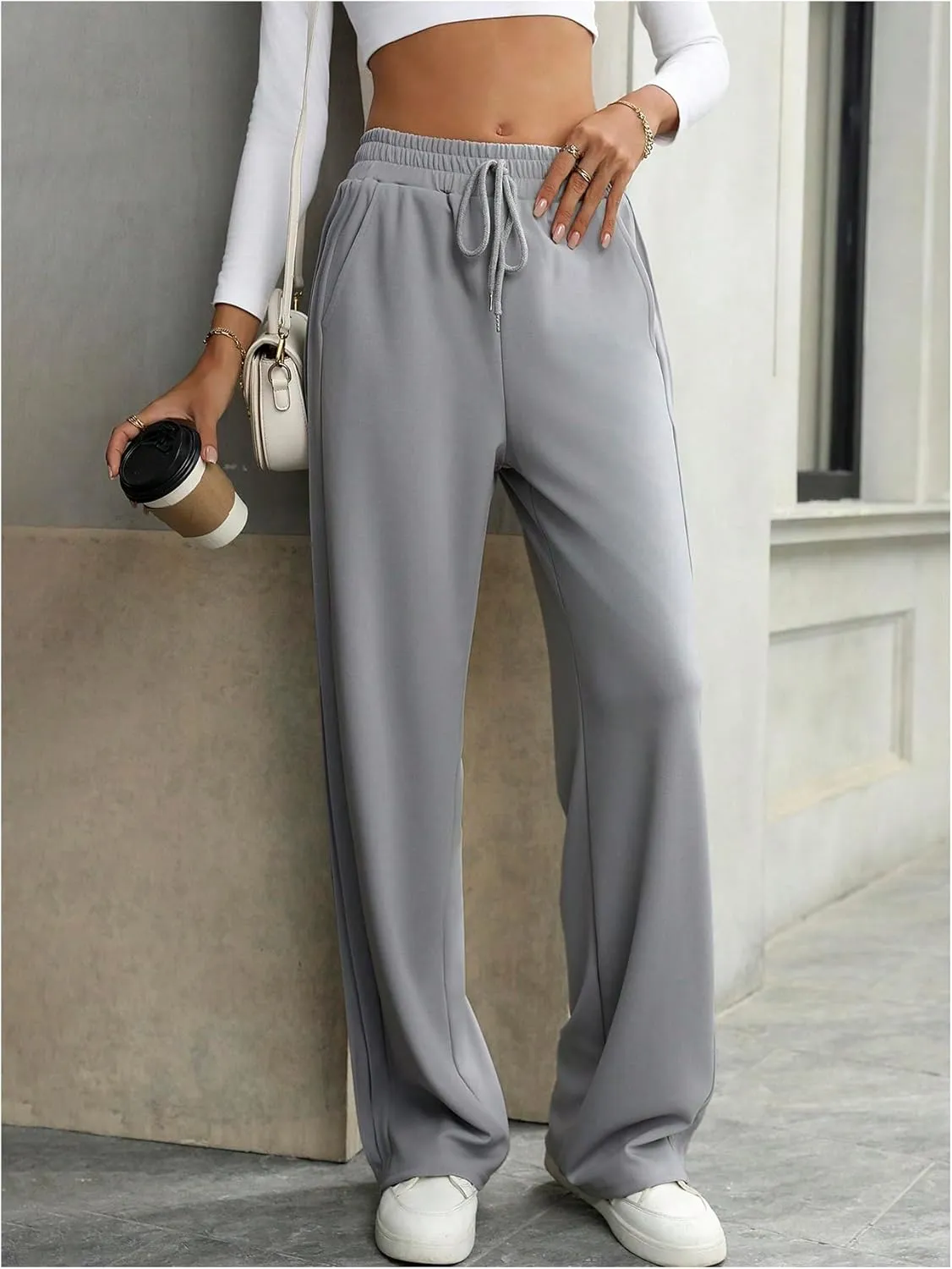 MakeMeChic Women's Drawstring Waist Pleated Pants Slant Pocket Straight Leg Trousers