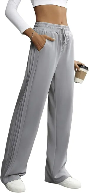 MakeMeChic Women's Drawstring Waist Pleated Pants Slant Pocket Straight Leg Trousers