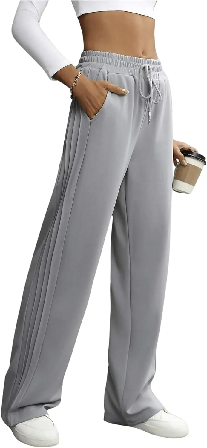MakeMeChic Women's Drawstring Waist Pleated Pants Slant Pocket Straight Leg Trousers