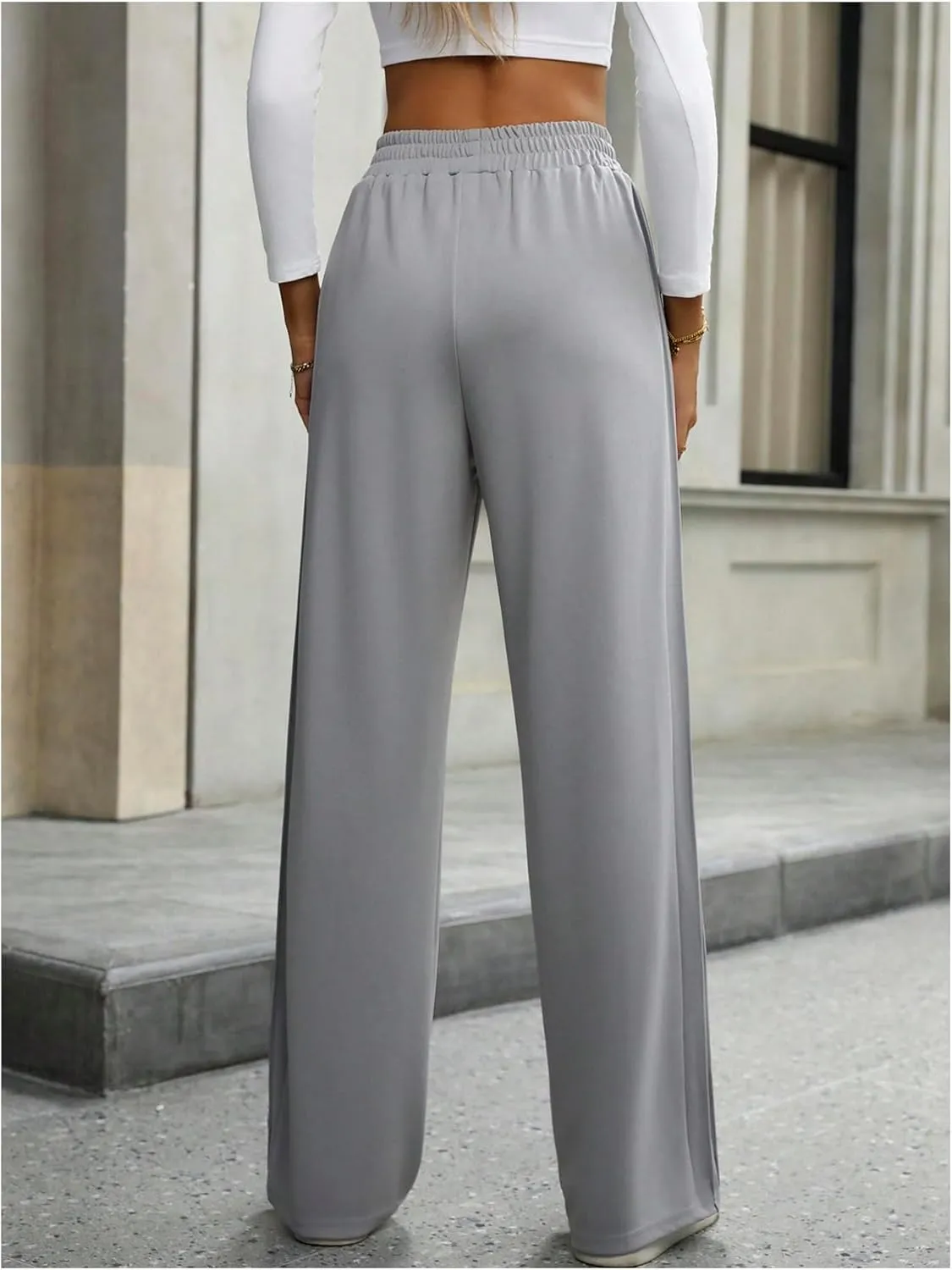 MakeMeChic Women's Drawstring Waist Pleated Pants Slant Pocket Straight Leg Trousers