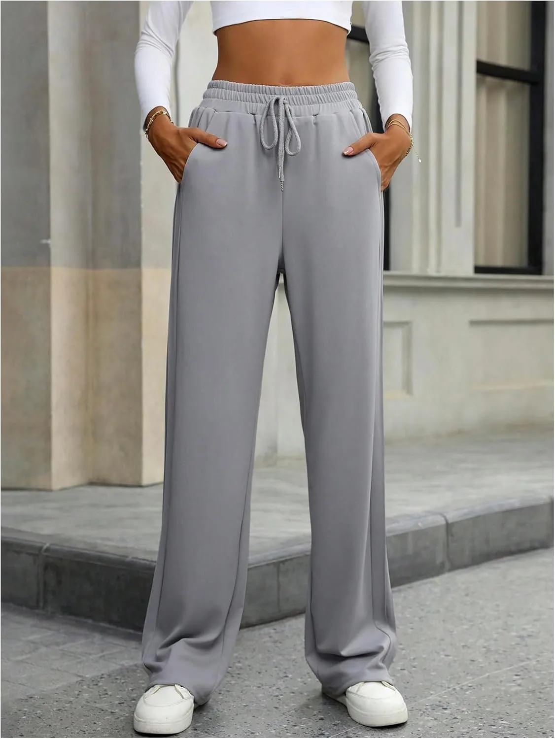 MakeMeChic Women's Drawstring Waist Pleated Pants Slant Pocket Straight Leg Trousers