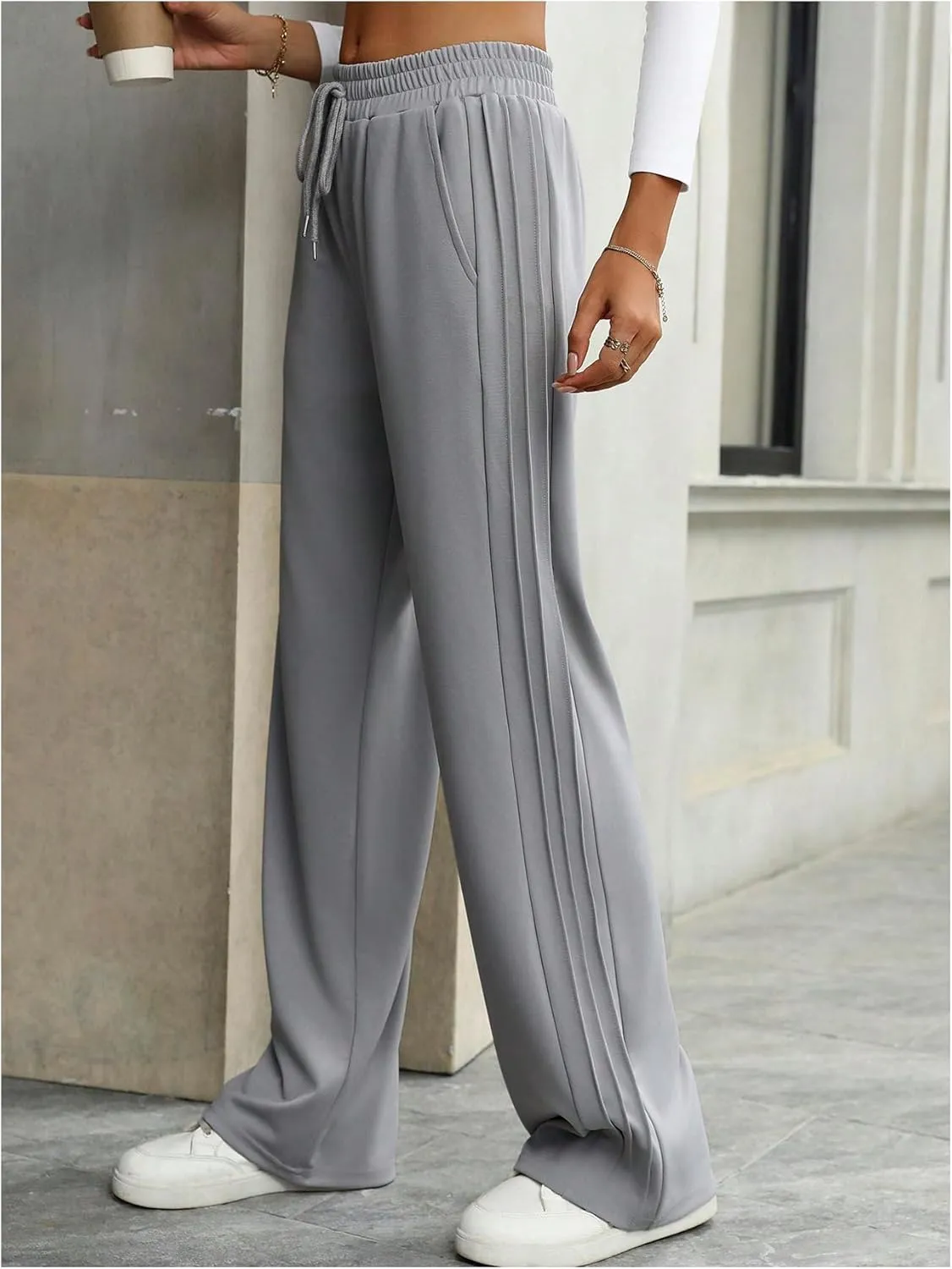 MakeMeChic Women's Drawstring Waist Pleated Pants Slant Pocket Straight Leg Trousers