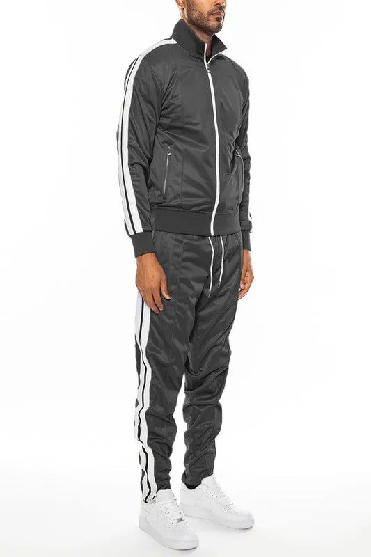 Men's Purple Striped Tape Front Pleated Zipper Jacket & Pants Tracksuit
