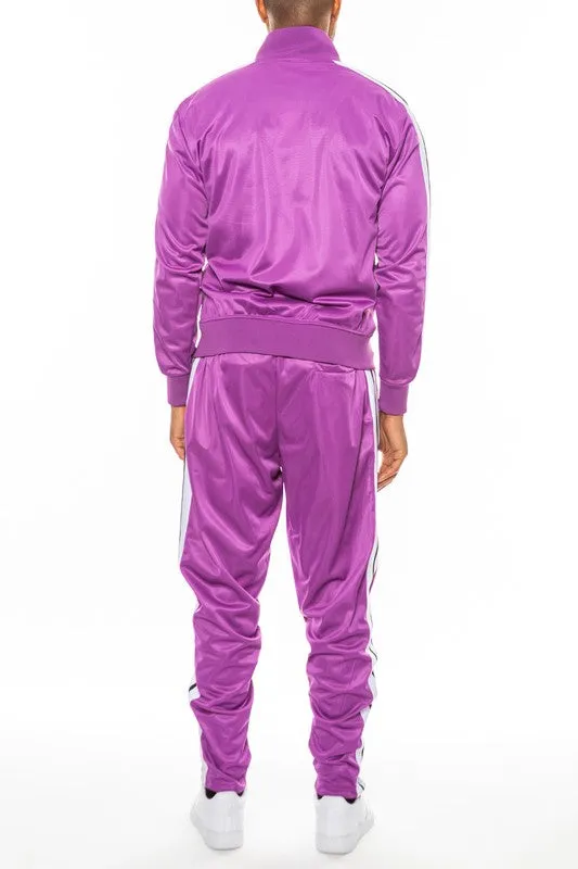 Men's Purple Striped Tape Front Pleated Zipper Jacket & Pants Tracksuit
