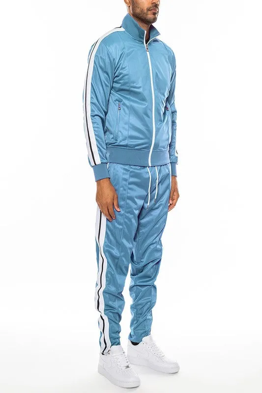 Men's Purple Striped Tape Front Pleated Zipper Jacket & Pants Tracksuit