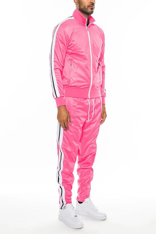 Men's Purple Striped Tape Front Pleated Zipper Jacket & Pants Tracksuit