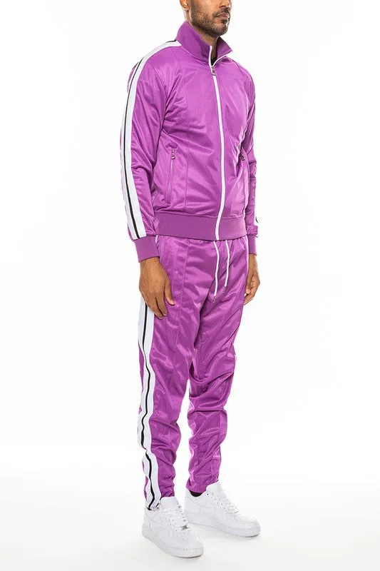 Men's Purple Striped Tape Front Pleated Zipper Jacket & Pants Tracksuit