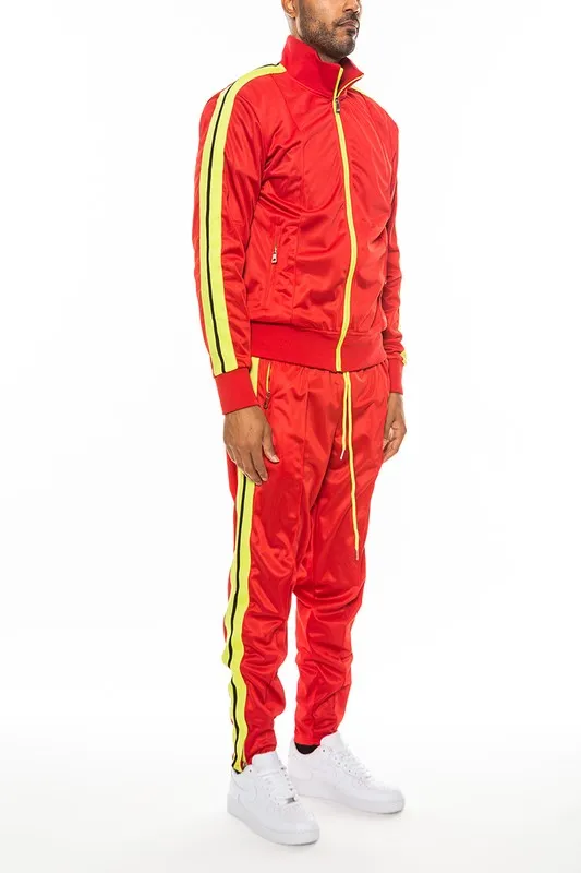 Men's Purple Striped Tape Front Pleated Zipper Jacket & Pants Tracksuit