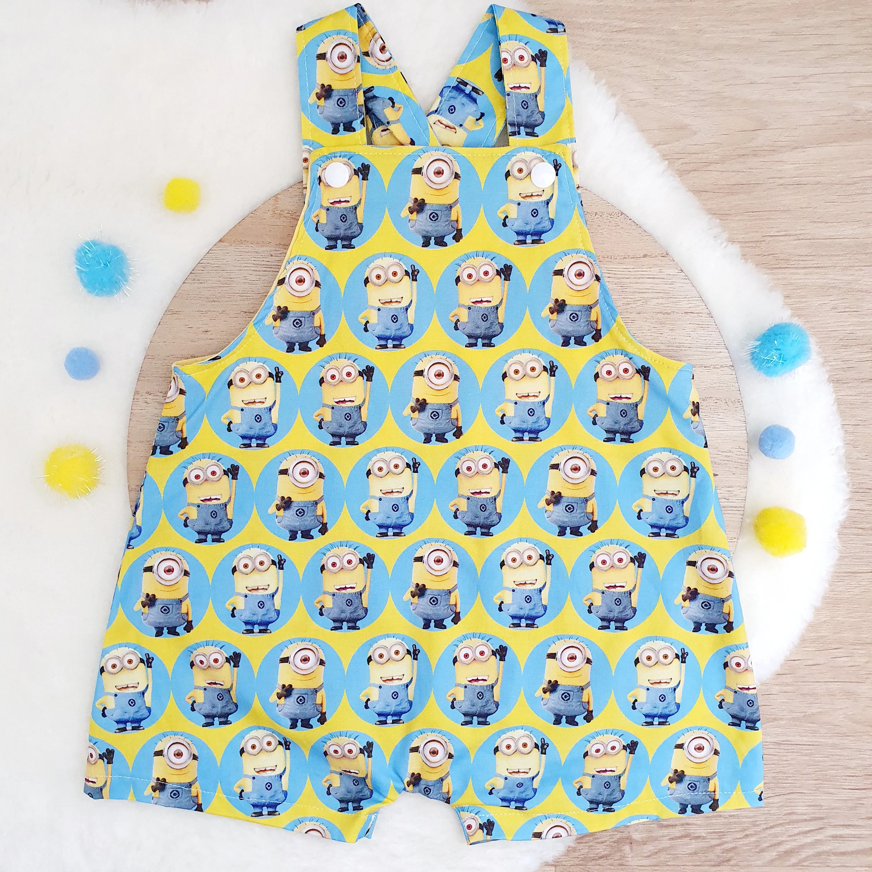 MINIONS print Overalls, Baby Overalls, Short Leg Romper, Size 1