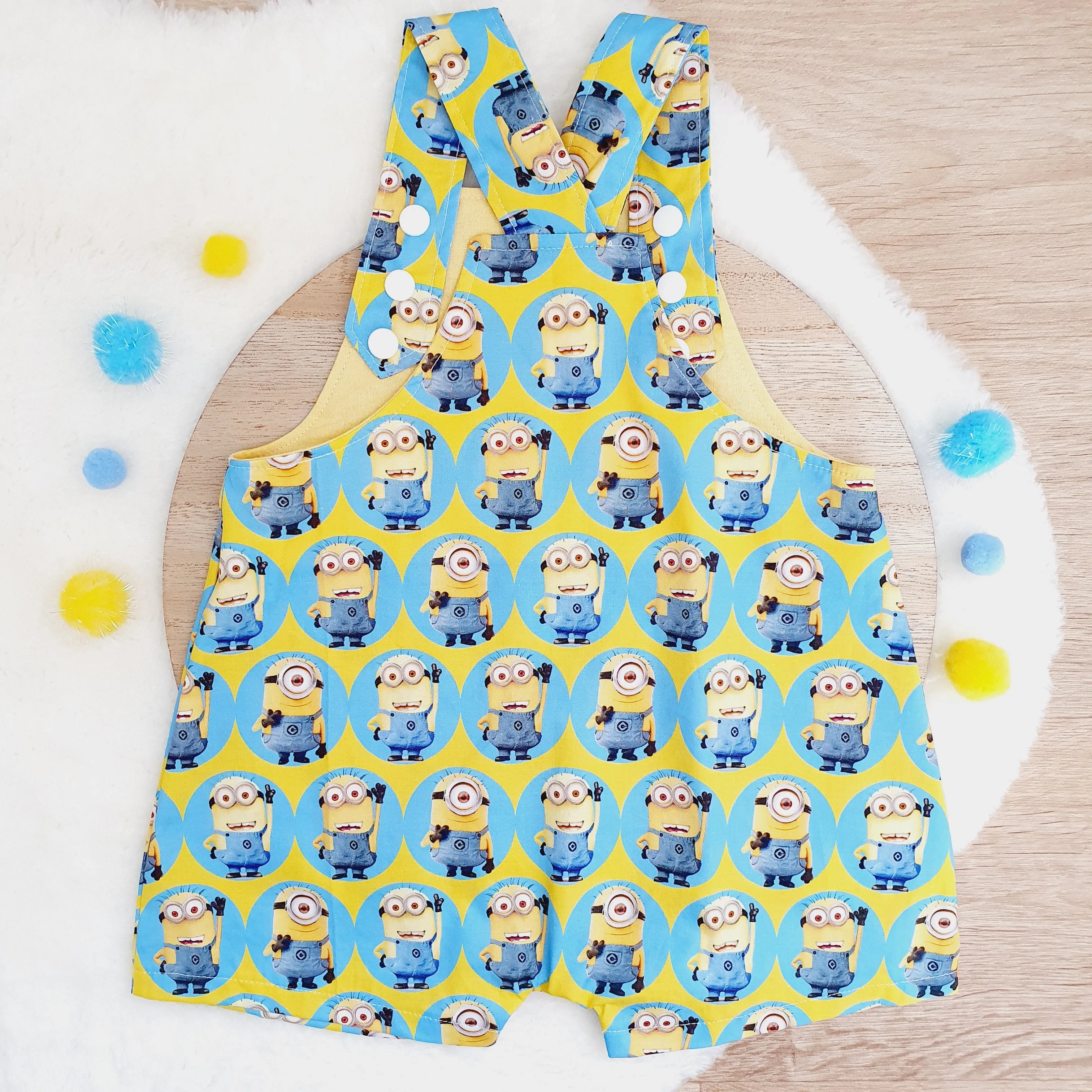 MINIONS print Overalls, Baby Overalls, Short Leg Romper, Size 1