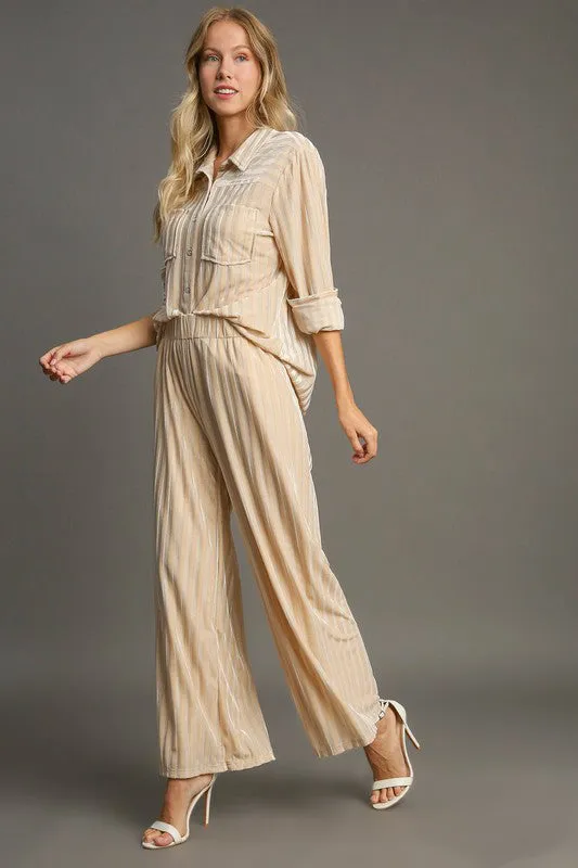 MQTIME  -  Umgee Elastic Waist Striped Wide Leg Velvet Pants