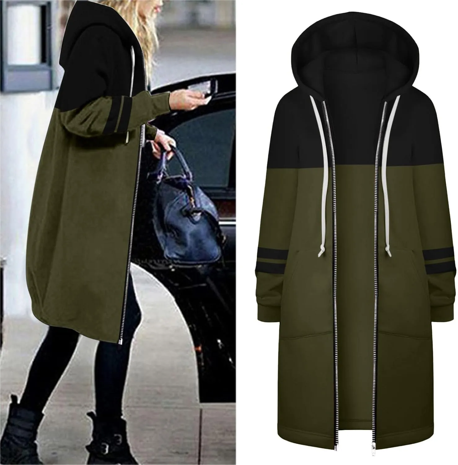 Muyise Women's Zip Up Hoodies Long Jackets Lightweight Tunic Drawstring Hooded Sweatshirts Oversized Winter Coat with Pockets