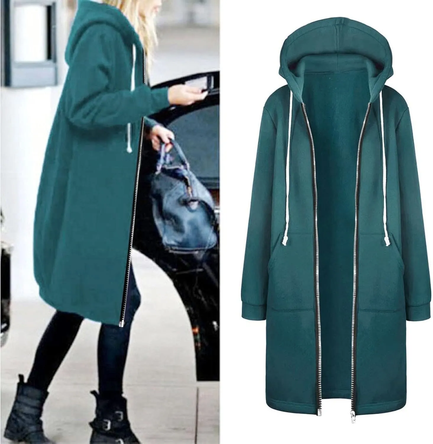 Muyise Women's Zip Up Hoodies Long Jackets Lightweight Tunic Drawstring Hooded Sweatshirts Oversized Winter Coat with Pockets