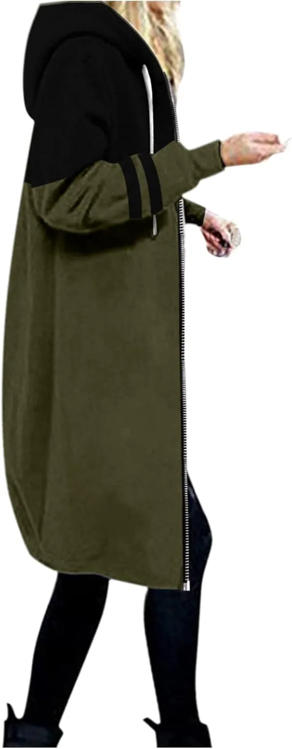 Muyise Women's Zip Up Hoodies Long Jackets Lightweight Tunic Drawstring Hooded Sweatshirts Oversized Winter Coat with Pockets