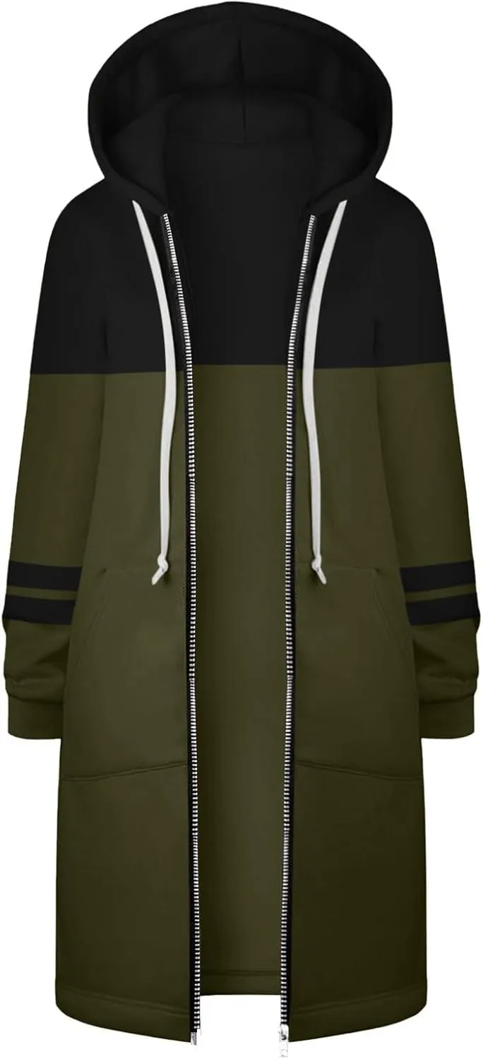 Muyise Women's Zip Up Hoodies Long Jackets Lightweight Tunic Drawstring Hooded Sweatshirts Oversized Winter Coat with Pockets