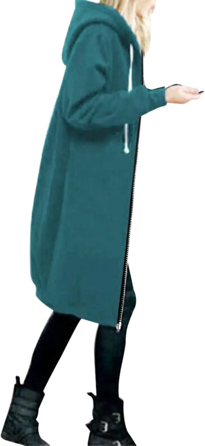 Muyise Women's Zip Up Hoodies Long Jackets Lightweight Tunic Drawstring Hooded Sweatshirts Oversized Winter Coat with Pockets
