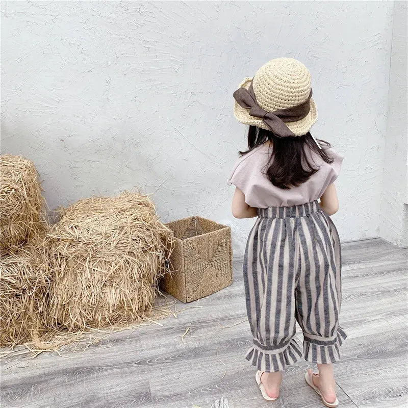 Retro Striped Calf-Length Ruffled Pants