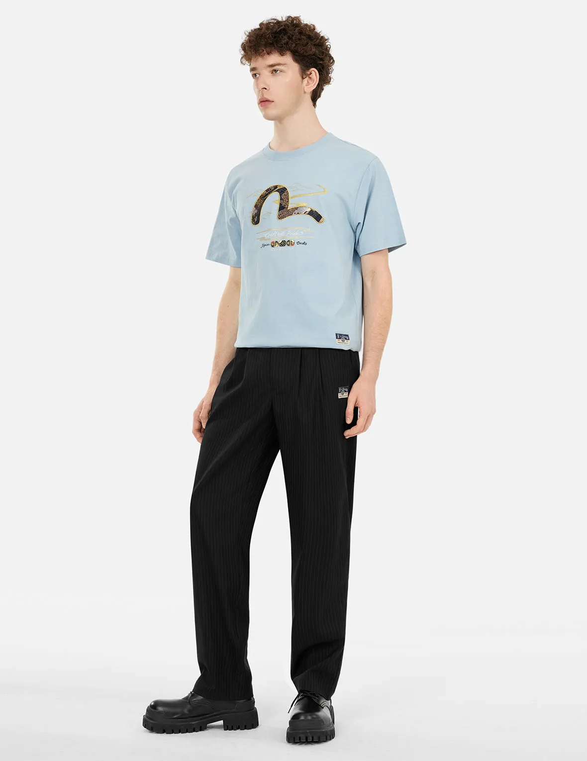 Seagull Embroidery Striped Taper Fit Woven Pants