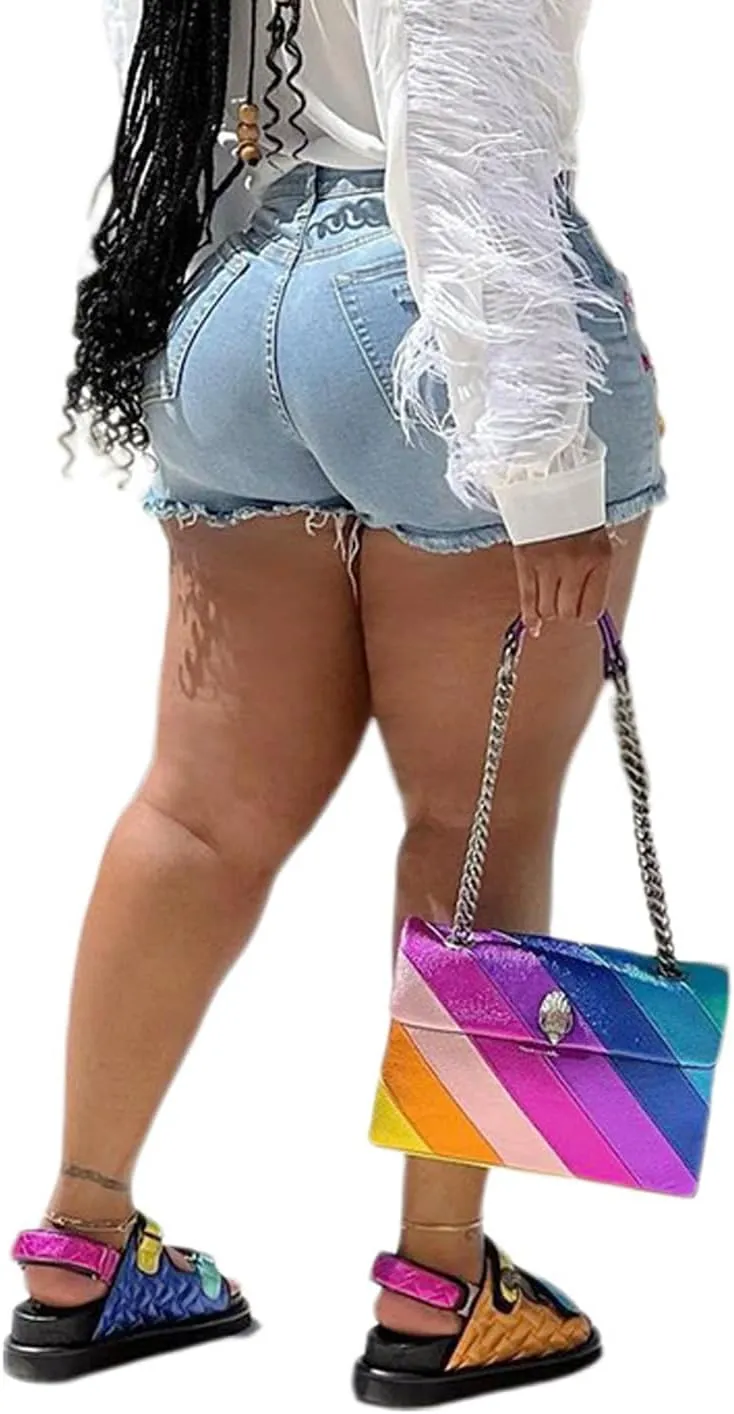 Snoly Women's Shorts Colored Rhinestone Sexy Summer High Waist Fringe Tassel Frayed Ripped Denim Jean Shorts