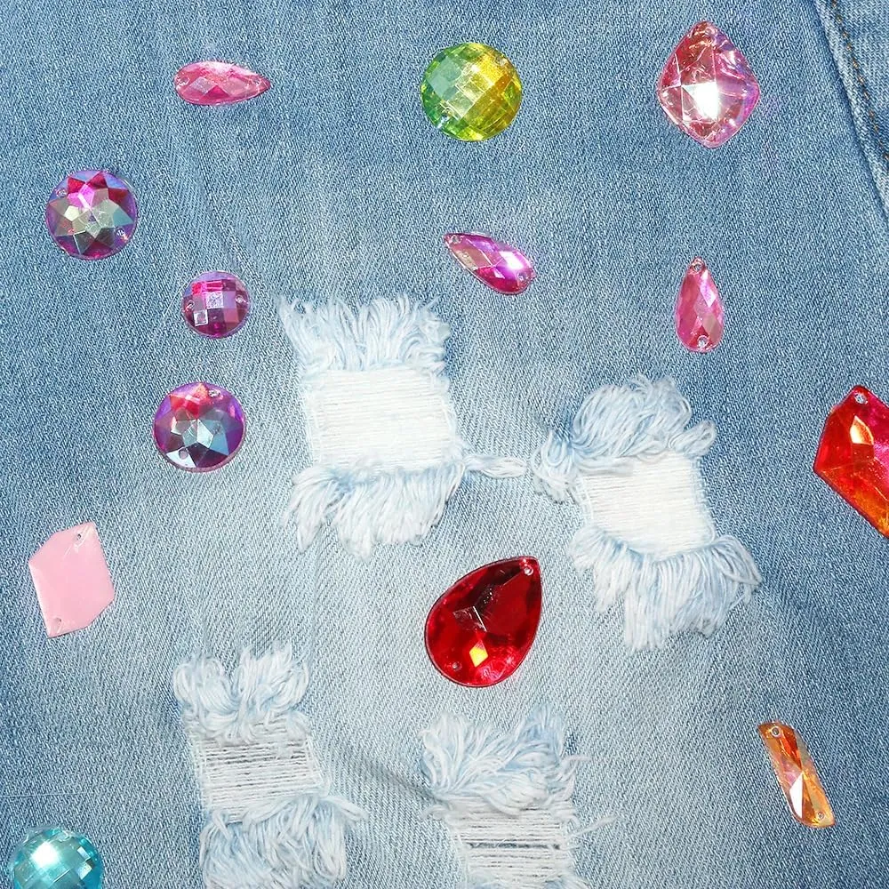Snoly Women's Shorts Colored Rhinestone Sexy Summer High Waist Fringe Tassel Frayed Ripped Denim Jean Shorts